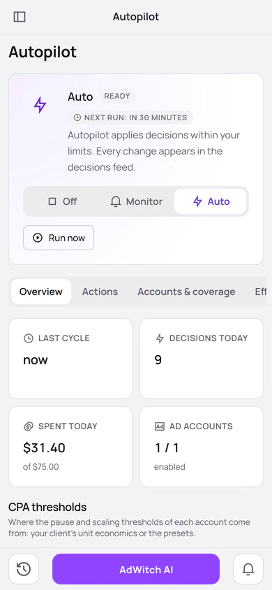 The autopilot page in the demo account: Auto mode with the next check in 30 minutes.